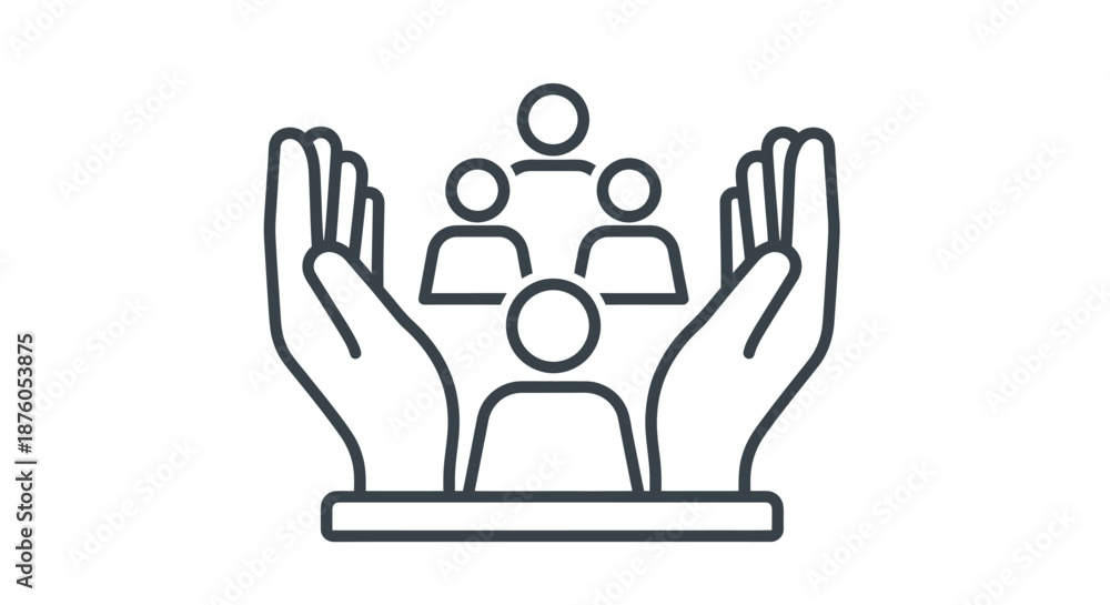 Fototapeta premium Conceptual illustration of community support and protection with hands and people icons.