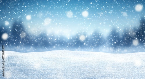 Wallpaper Mural A serene winter landscape featuring falling snowflakes, a snowy ground, and a backdrop of soft, blurred trees illuminated by a cool, blue sky. Torontodigital.ca