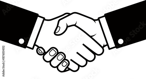 Black and white illustration of a business handshake symbolizing agreement and partnership.