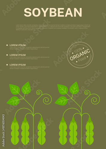Soy beans cover poster, green pods and leaves on earthy brown background. Highlights natural farming and sustainability, perfect for packaging, food industry promotion, farm to table branding design