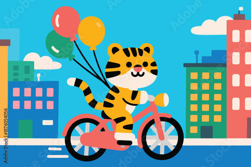 Cartoon tiger riding red bicycle with colorful balloons in cheerful city scene under blue sky.