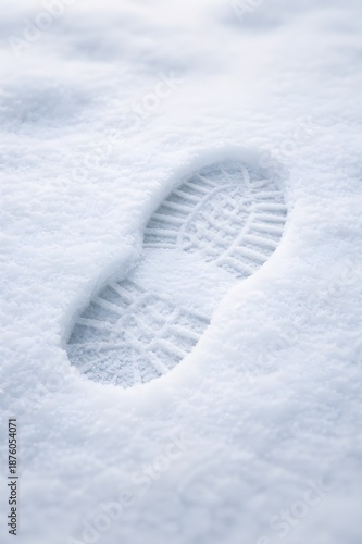Single shoe footprint in fresh snow, minimalist winter detail