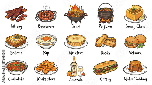A colorful illustration of various sweet and savory pastries and desserts on display