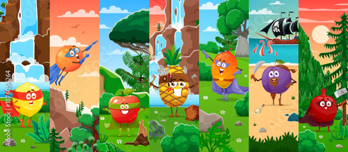 Cartoon superhero fruit characters collage. Vector orange, lemon, apple, pineapple, mango, plum and garnet fantasy defenders and adventurers in natural landscapes with forests, beaches and waterfalls
