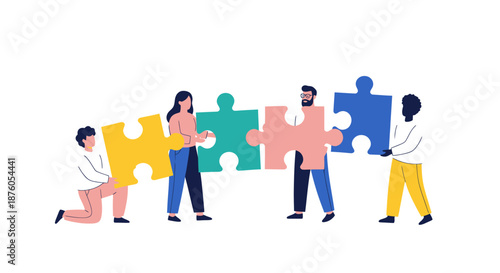 Teamwork concept with diverse people holding colorful puzzle pieces.