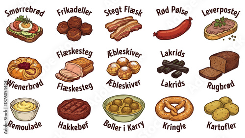 Assorted traditional Danish pastries and bread on a white background, showcasing various sweet and savory delights