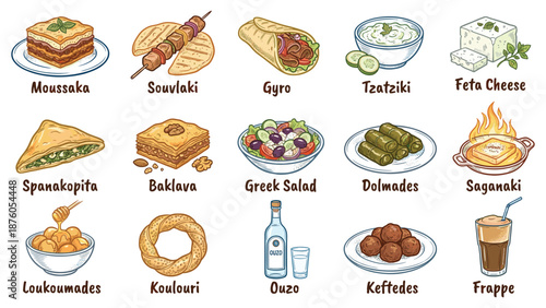 Assorted Greek cuisine delicacies and beverages displayed on a clean white background