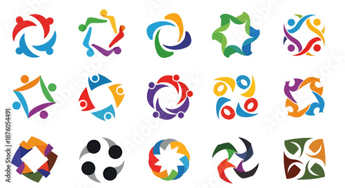 Colorful abstract human figures forming circular teamwork and community icons.