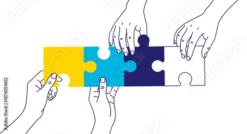 Hands collaborating to assemble colorful puzzle pieces symbolizing teamwork and cooperation.