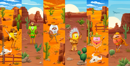 Cartoon vector vitamins and micronutrients sheriff, ranger, bandit and cowboy characters. selenium with rifle, magnesium sheriff, chlorine and iron cowboy, zinc chief, phosphorus bandit personages