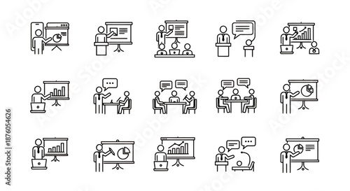 Set of business and office meeting icons with presentation and teamwork concepts.