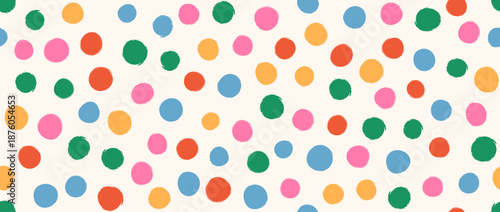 Colorful clown polka dot seamless pattern. Repeated round painted confetti background. Happy bright dotted wallpaper for Easter wrapping paper, birthday decoration, kid bday nursery decor. Vector