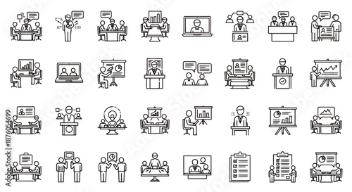 Set of business and office related line icons representing teamwork and communication.