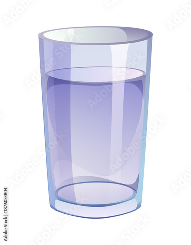 Cartoon water glass. Transparent drink glass filled halfway with pale bluish water. Vector clean drink container with fresh water for healthy lifestyle, diet programs and eco friendly products