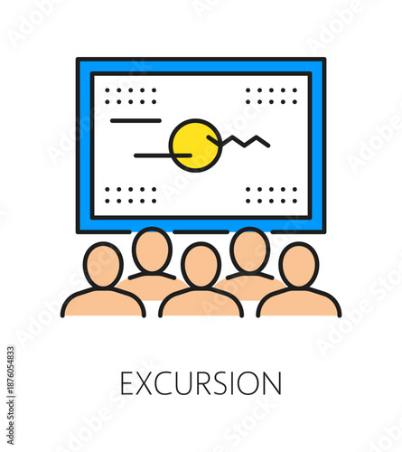 Museum and art gallery and exhibition color line icon of excursion, vector pictogram. Museum exhibition and art gallery icon of visitors excursion tour for artworks and masterpiece exposition