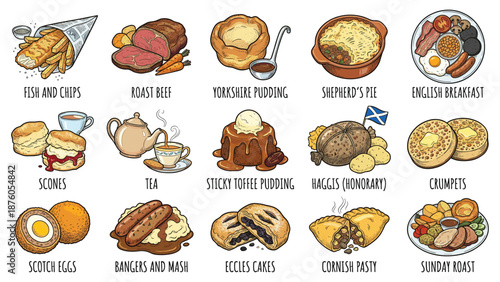 A collection of cartoon-style illustrations depicting traditional British meals and desserts, showcasing various food items and treats.