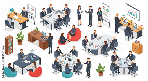 Isometric business office scene with diverse professionals collaborating and working.