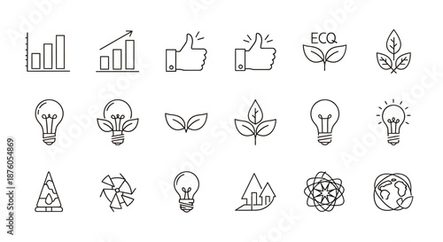 Set of eco friendly and sustainable energy icons in black line style.