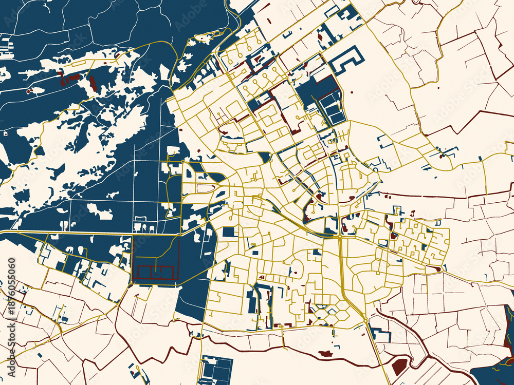 Fototapeta premium Abstract city map of Bergen, Netherlands with dark red water and warm gold roads