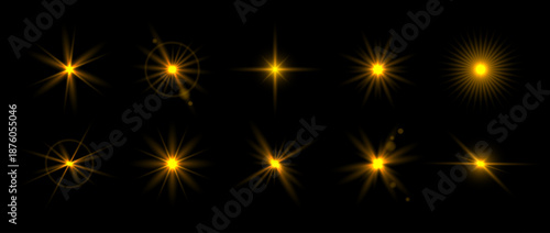 Golden glowing sparkle set. Magical gold stars, twinkles and sparks glowing pack. Shining light flare effect collection. Yellow sun beam burst bundle. Starlight rays radiance sun elements. Vector