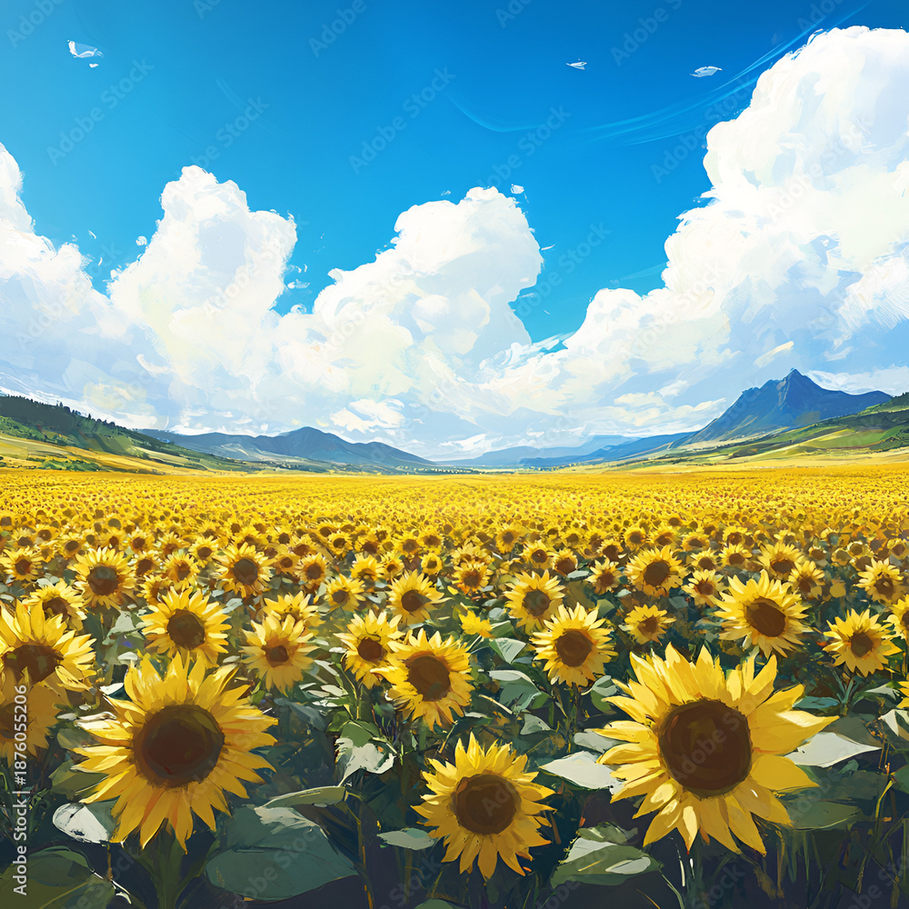Obraz premium Vibrant sunflower field blooming countryside nature landscape sunny sky panoramic view agriculture beauty