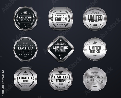 Limited edition silver seal vector labels and stamps with laurel wreaths, stars, luxury borders and royal crowns. Premium product packaging, certificate, luxury appearance labels, guaranteed stamps