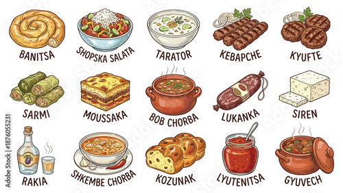 A vibrant collection of traditional cuisine illustrations on a clean white background