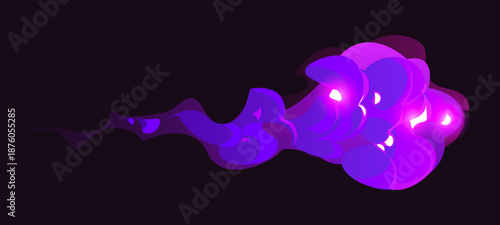 Cartoon magic purple smoke effect glowing trace with fire and fantasy energy cloud. Vector vfx blast with sparkle burst, dust trail, flare or comic boom explosion. Isolated neon light element for game