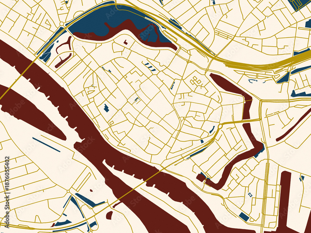 Obraz premium Flat city map of Deventer Centrum, Netherlands — rich red water shapes with ivory land and golden street network accents