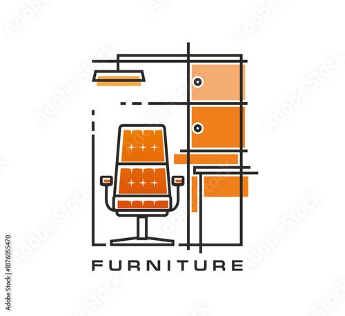 Home furniture and interior vector icon of swivel orange cushioned office chair with armrests and modular wall cabinet. Furniture store, interior decor shop icon. Modern cabinet workspace emblem