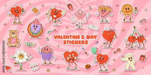 Cartoon groovy love and Valentine characters stickers of hearts with wings, key of love, balloons kissing cherries, sweets, love notes, flowers and gift box. Vector patches of Valentine Day personages