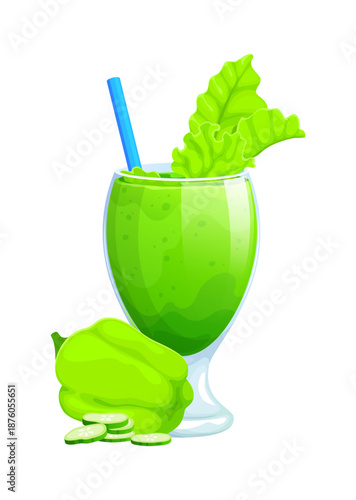 Green vegan smoothie glass drink. Vector fresh green smoothie decorated with lettuce leaves and straw, sliced cucumber or green pepper. Cartoon healthy nutrition, detox diet organic vegetable beverage