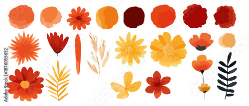 다양한 색상의 가을 꽃과 잎사귀 일러스트, 투명 배경의 디자인 요소