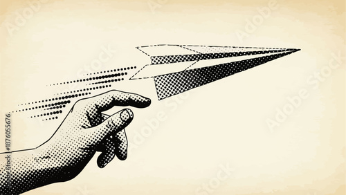Hand launching a paper airplane with motion lines.