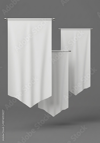 Floating White Banners: 3D Render, Subtle Drape, Gray Background