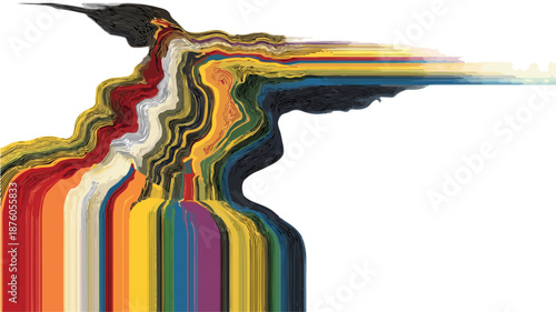 다채로운 색상의 액체가 흘러내리며 추상적인 패턴을 형성하는 모습, 배경은 흰색으로 투명한 느낌을 줍니다.