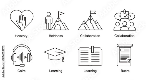 Set of icons representing honesty, boldness, collaboration, core values, learning, and business concepts.