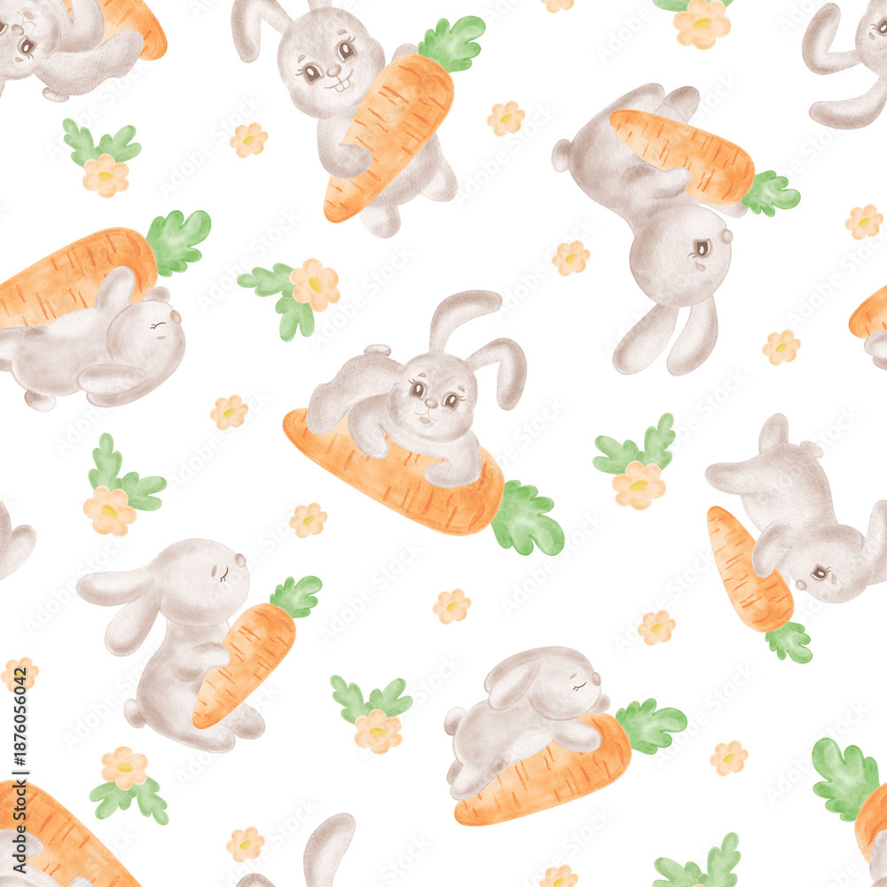 Fototapeta premium Cute bunnies and carrots with top watercolor seamless pattern for kids design. Funny rabbits illustration for baby themes. Hand-drawn ornament of little animals easter hares for textile, wallpaper.
