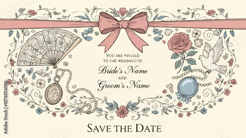Vintage Wedding Save the Date Card with Floral Border and Ornate Details.
