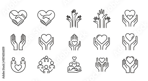 Set of black line icons representing hands holding hearts and symbols of care and support.