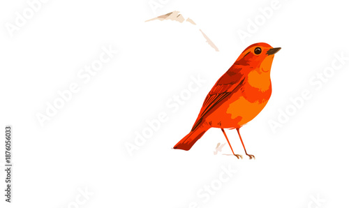 흰 배경에 그려진 밝은 주황색 새의 디지털 아트워크, 섬세한 붓 터치와 투명한 느낌