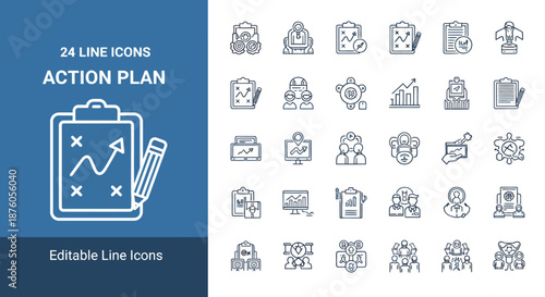 Set of 24 line icons representing various action plan and strategy concepts.