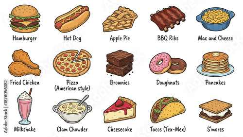 A vibrant illustration of assorted American-style food items including burgers, desserts, and savory dishes displayed together