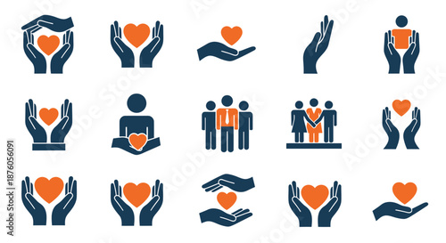 Set of icons representing care, support, and love through hands and heart symbols.