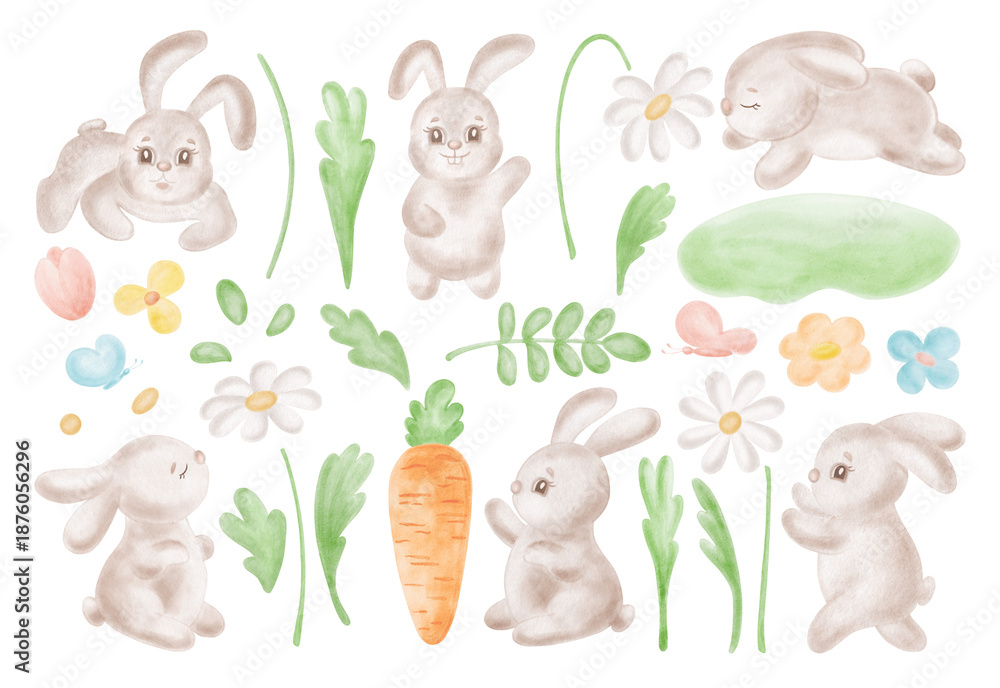 Naklejka premium Set of cute bunnies with carrot, flowers and leaves watercolor illustrations for kids design. Funny rabbits drawing for baby themes. Hand-drawn isolated clip art of little animal easter hare for card.