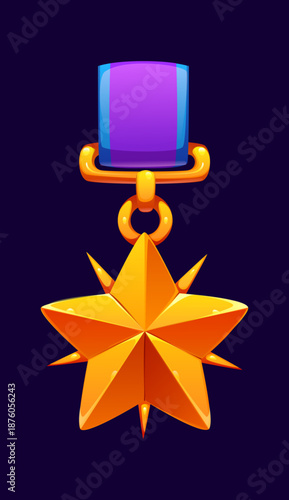 Cartoon golden star game medal award icon, victory and achievement trophy. Vector gold rank badge attached to purple ribbon. Isolated game asset, winner reward, user honor and success recognition