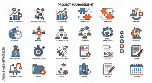 Comprehensive set of project management icons illustrating various business and organizational concepts.