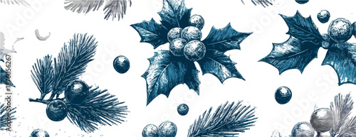 크리스마스 장식 패턴: 홀리 잎, 소나무 가지, 장식용 구슬이 투명한 배경에 그려져 있습니다.
