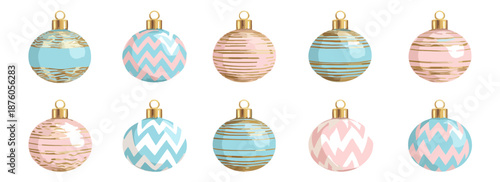 다양한 패턴과 색상의 크리스마스 장식 볼 컬렉션, 투명한 배경에 배치된 홀리데이 장식