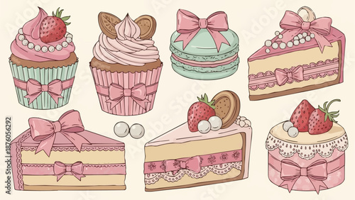 Collection of sweet pastel desserts with strawberries and bows.